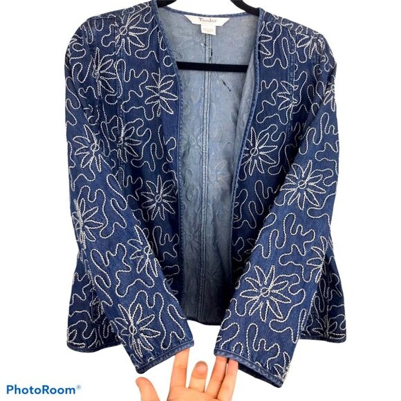 TanJay Floral Embroidered Oversized Denim Open Front Jacket Tencel cotton S P - Picture 1 of 13
